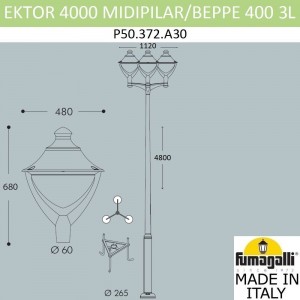 Парковый фонарь FUMAGALLI EKTOR 4000/MIDIPILAR/BEPPE 3L LED-HIP P50.372.A30.AXH27